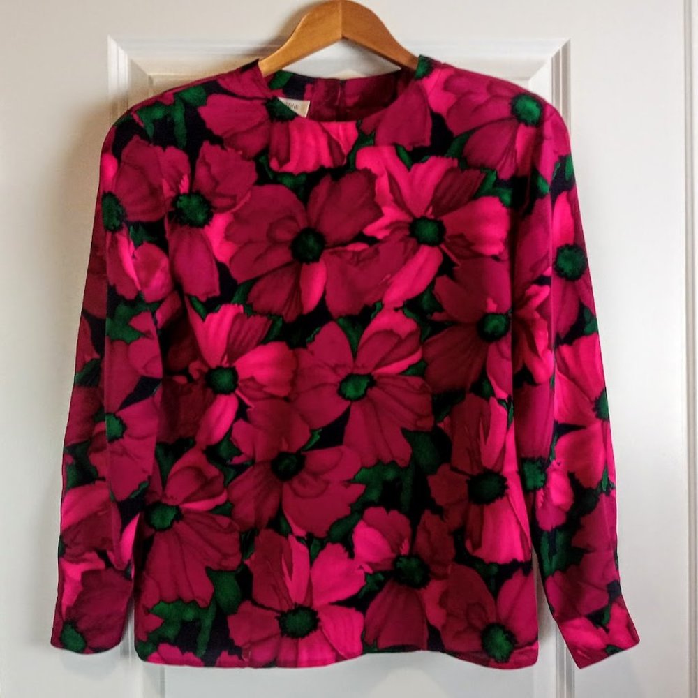 Jones New York Hot Pink Floral Long Sleeve Blouse